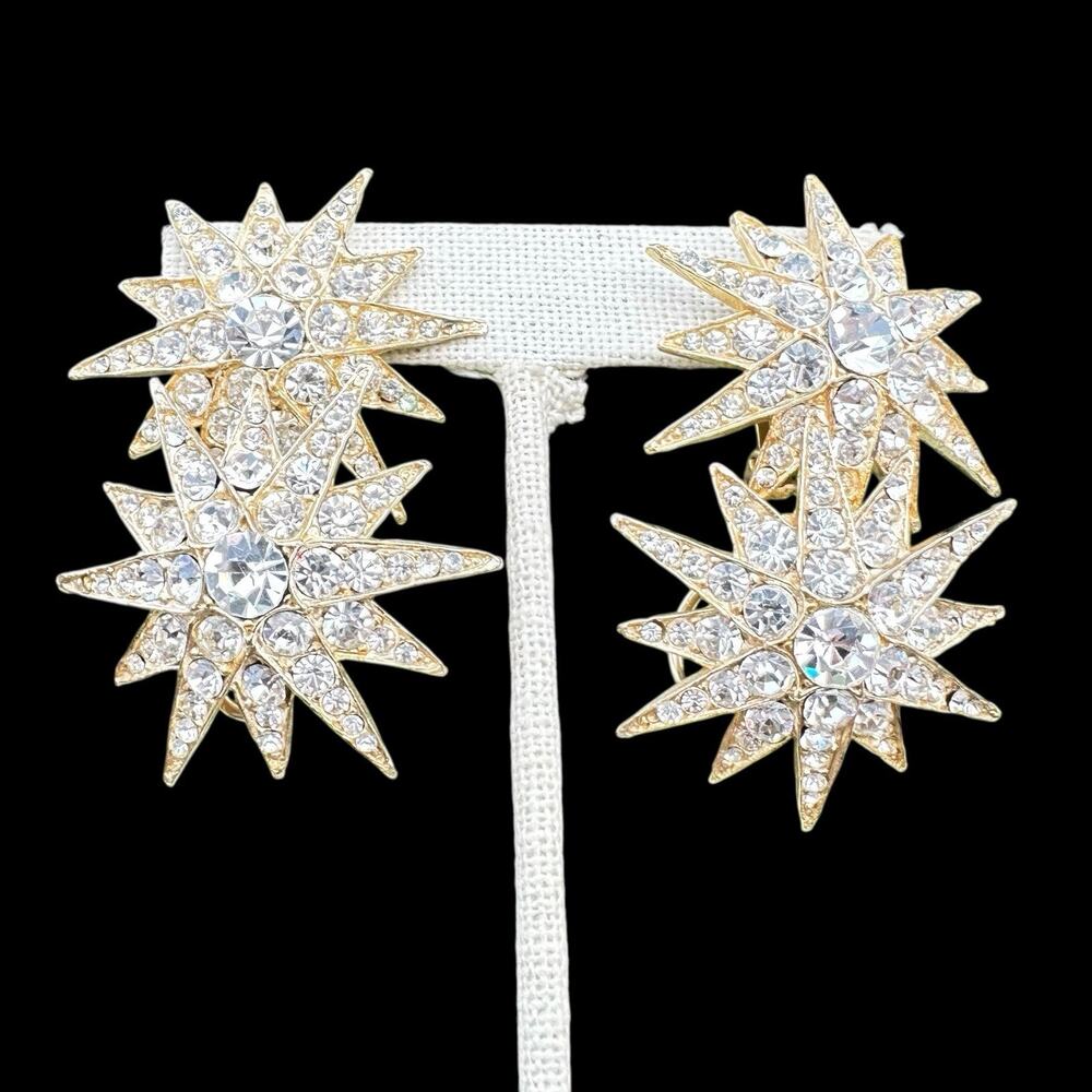 Starburst Clip Earrings Crystal Rhinestone Gold Statement Large Dangle Clip-on
